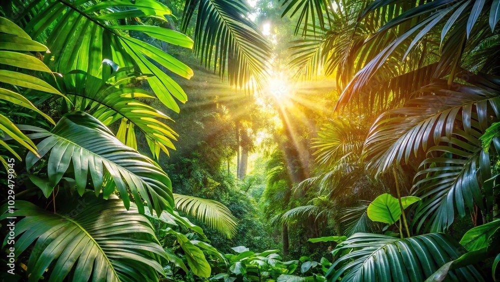 Warm sunlight shining through dense tropical forest background Warm sunlight shining through dense tropical forest background