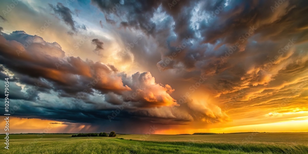 Sunset sky and storm clouds over a field Sunset sky and storm clouds over a field