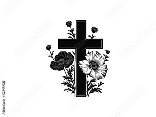 Veterans Day Cross with Poppies – Remembrance Silhouettes Design