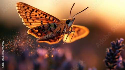 This dramatic moment captures a butterfly in mid-flight above lavender petals with evening sunlight illuminating its vibrant wings, portraying the magic of nature.