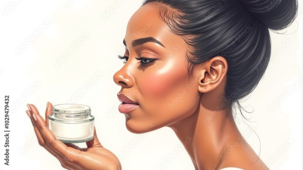 A well-groomed middle-aged African woman holds in her hands a jar of face cream around the eyes on a white background. Place for text. Advertising space A well-groomed middle-aged African woman holds in her hands a jar of face cream around the eyes on a white background. Place for text. Advertising space