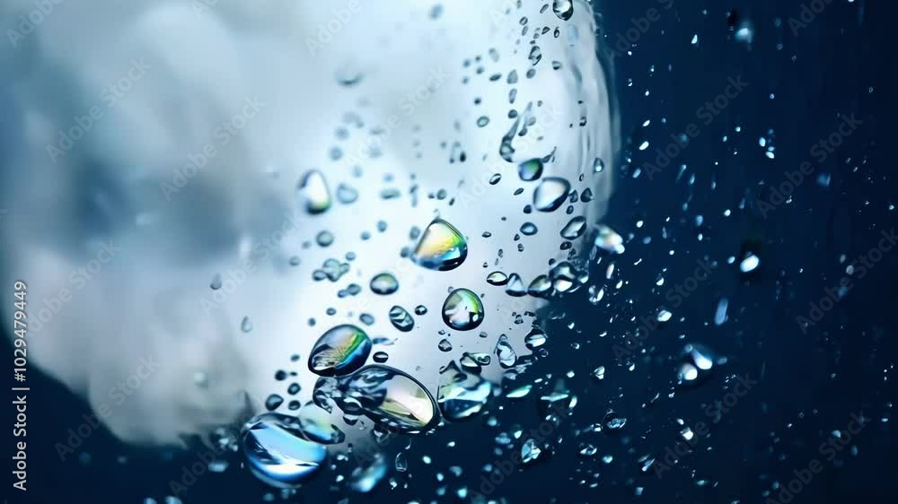 Water droplets are forming on a glass surface with a blue and white background. This abstract macro image is perfect for backgrounds and textures Water droplets are forming on a glass surface with a blue and white background. This abstract macro image is perfect for backgrounds and textures