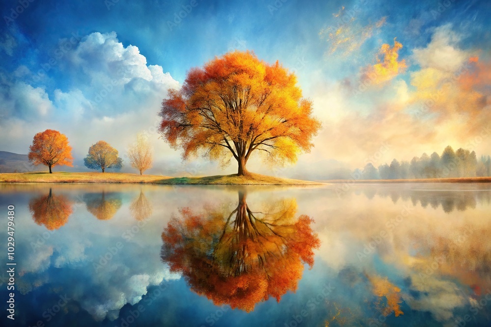 Surreal autumn landscape with tree reflection in watercolor style, high angle view Surreal autumn landscape with tree reflection in watercolor style, high angle view