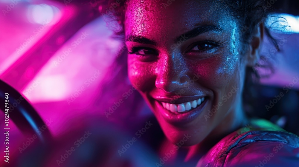 A woman confidently smiling while driving under striking neon lights, showcasing energy and modern style with a focus on dynamic composition and vivid colors. A woman confidently smiling while driving under striking neon lights, showcasing energy and modern style with a focus on dynamic composition and vivid colors.