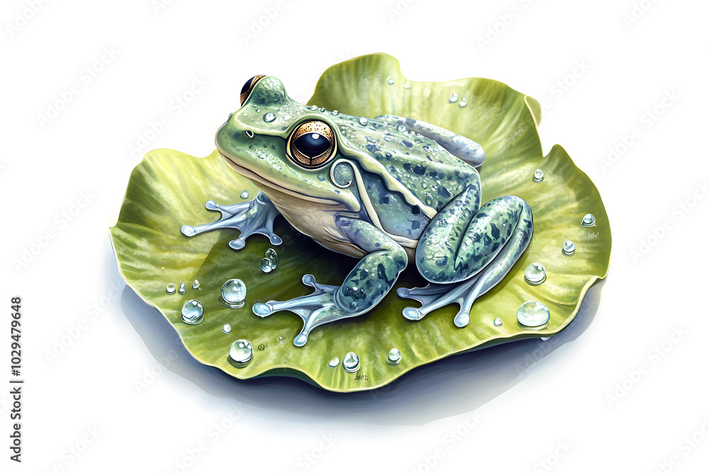 Obraz premium illustration of a frog sitting on a lily pad, surrounded by small water droplets, isolated on a white background