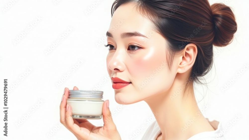 A well-groomed middle-aged Asian woman holds in her hands a jar of face cream around the eyes on a white background. Place for text. Advertising space A well-groomed middle-aged Asian woman holds in her hands a jar of face cream around the eyes on a white background. Place for text. Advertising space