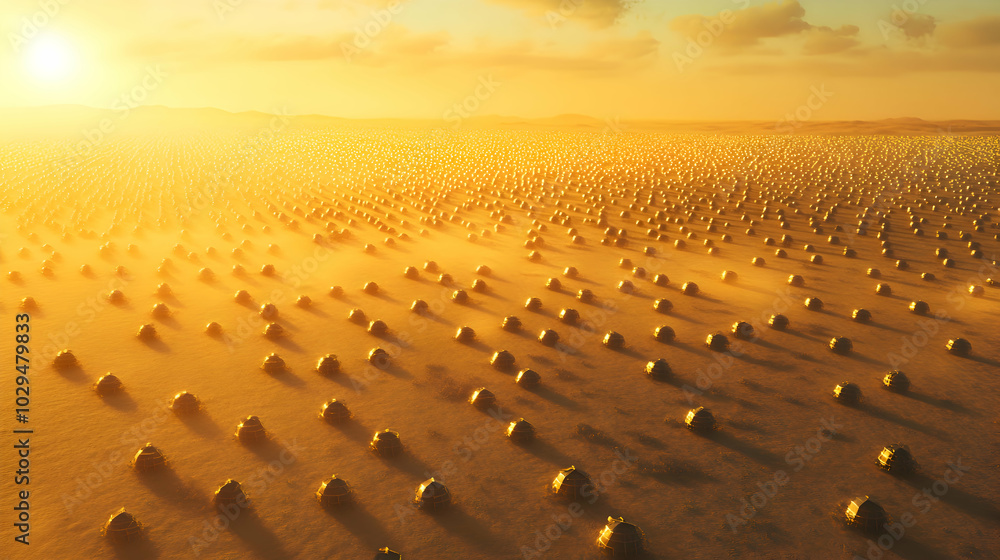 Obraz premium A sun-drenched field filled with solar panels, absorbing the rays and converting them into electricity.