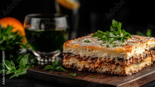 A scrumptious lasagna portion elegantly garnished with herbs, accompanied by a refreshing drink, depicting an inviting Mediterranean-style meal. photo