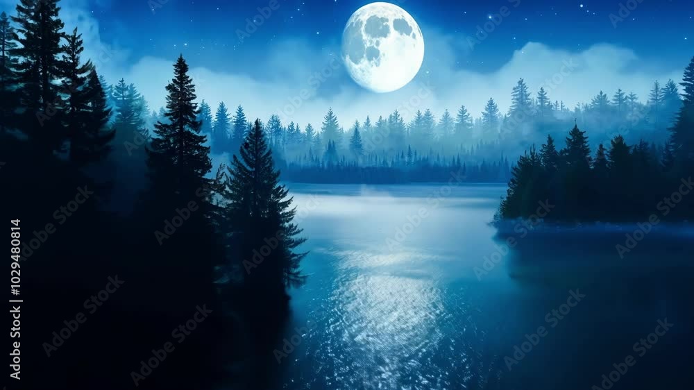 Full moon is shining over a misty lake in the middle of a