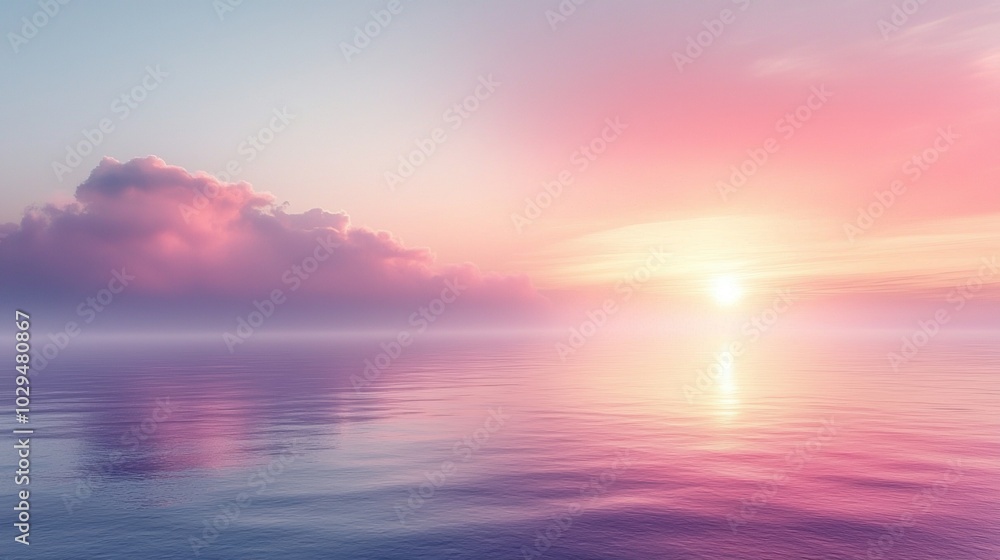 Pastel pink and purple clouds are reflecting on the still water of a calm ocean at sunset, creating a sense of peace and tranquility Pastel pink and purple clouds are reflecting on the still water of a calm ocean at sunset, creating a sense of peace and tranquility