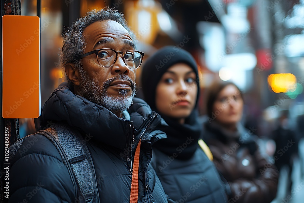 Diverse group of people waiting on a busy city street Diverse group of people waiting on a busy city street