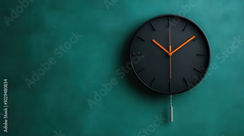 Wallpaper Mural A sleek, modern black clock with orange hands and pendulum on a vibrant teal wall, blending simplicity with contemporary design in a tranquil setting. Torontodigital.ca
