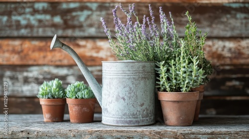 A rustic metal watering can filled with lavender and surrounded by various potted succulents, set against a weathered wooden backdrop, exudes timeless charm. photo