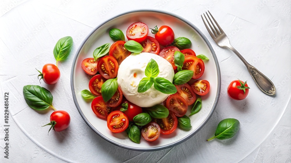 Plate of burrata cheese with tomatoes and basil, fork, high angle Plate of burrata cheese with tomatoes and basil, fork, high angle
