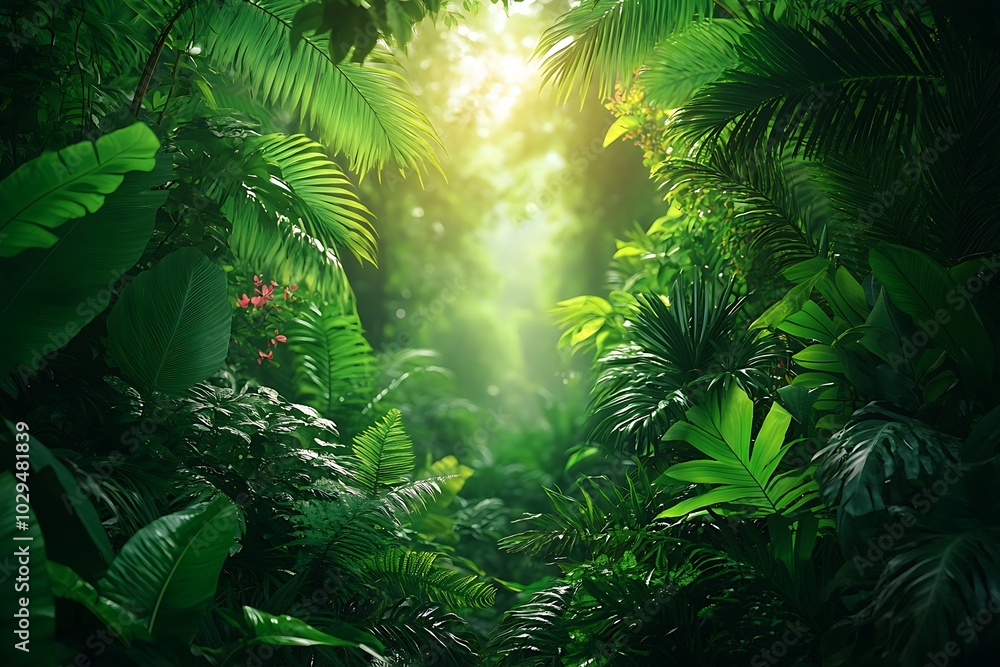 Sunlight piercing through the dense canopy of a lush tropical jungle Sunlight piercing through the dense canopy of a lush tropical jungle
