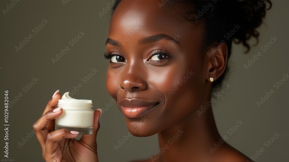 A well-groomed middle-aged African woman holds a jar of face cream around her eyes in her hands. Place for text. Advertising space A well-groomed middle-aged African woman holds a jar of face cream around her eyes in her hands. Place for text. Advertising space