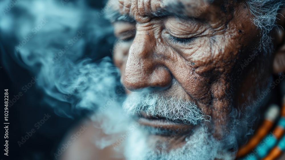 An elderly man with a distinctly wrinkled face, eyes closed, is enveloped in swirling smoke, depicting a moment of introspection and timeless wisdom. An elderly man with a distinctly wrinkled face, eyes closed, is enveloped in swirling smoke, depicting a moment of introspection and timeless wisdom.