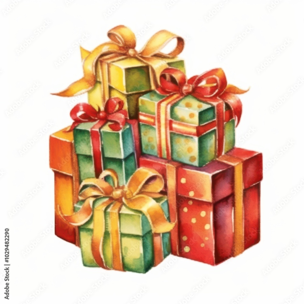 Colorful gift boxes with ribbons stacked on a white background. Colorful gift boxes with ribbons stacked on a white background.