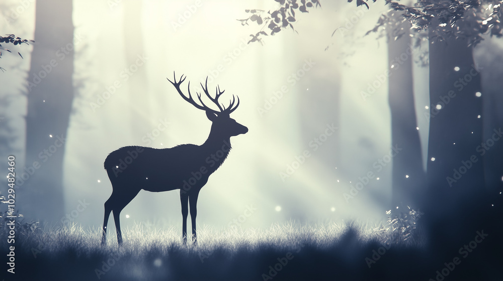 Majestic Deer Silhouette in a Foggy Forest Majestic Deer Silhouette in a Foggy Forest