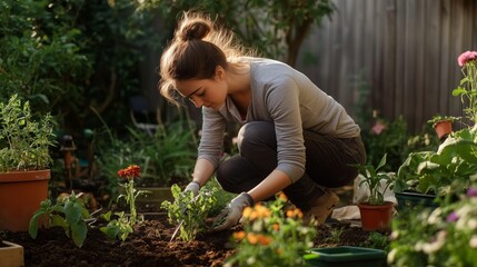 Young woman gardening in an outdoor space, planting flowers and vegetables during a sunny afternoon