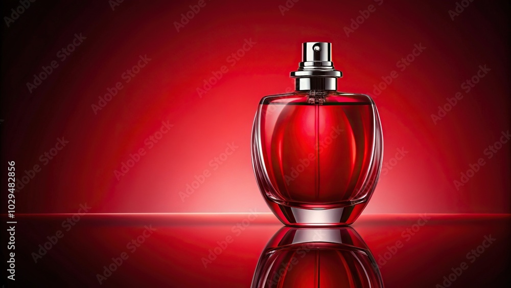 Symmetrical elegant red perfume bottle on rich red background Symmetrical elegant red perfume bottle on rich red background