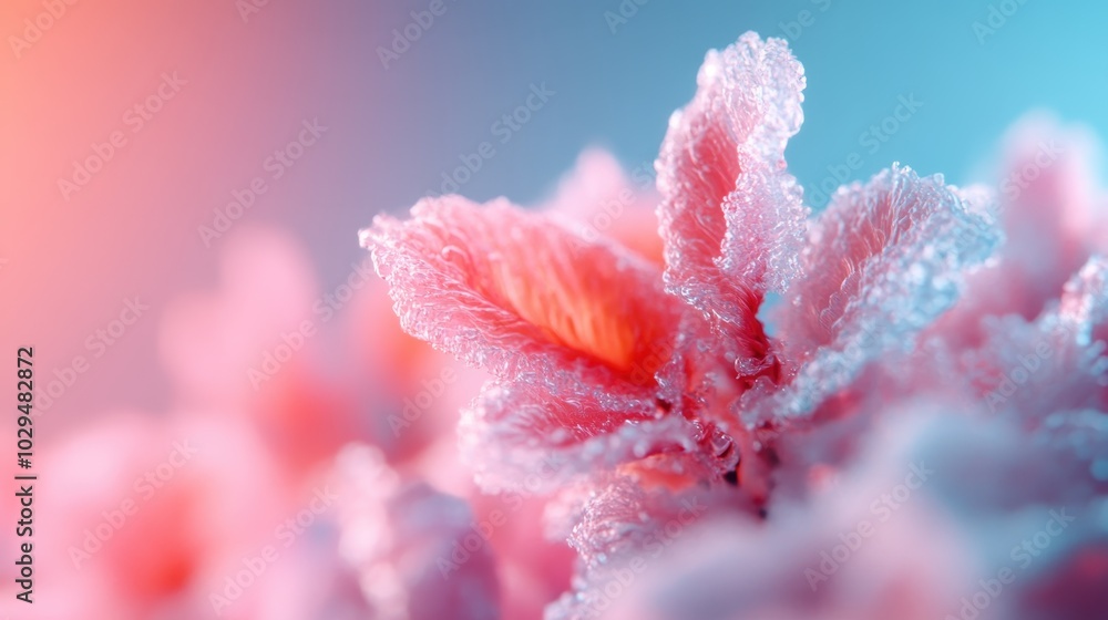 A mesmerizing close-up captures the intricate beauty of frosted pink flowers in full bloom, revealing delicate textures against a blurred, ambient background of color.