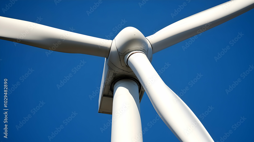 A wind turbine up close, with its massive blades slowly turning against a backdrop of clear blue skies. A wind turbine up close, with its massive blades slowly turning against a backdrop of clear blue skies.