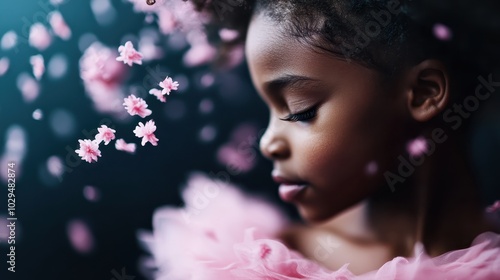 A pensive child in a delicate pink dress stands surrounded by gently cascading blossoms, illustrating a serene, contemplative moment amid the soft floral beauty. photo