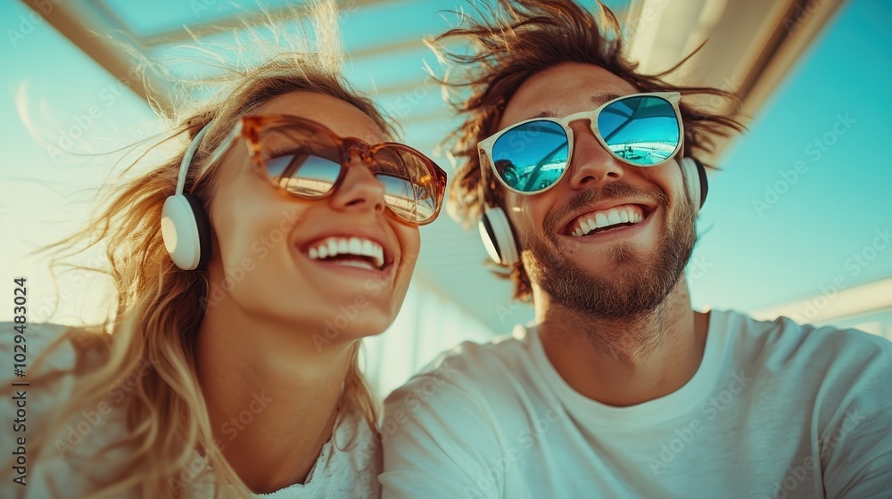 A couple enjoys life with smiles, wearing modern headphones and sunglasses, highlighting vibrant energy, connection, and the essence of contemporary urban lifestyle. A couple enjoys life with smiles, wearing modern headphones and sunglasses, highlighting vibrant energy, connection, and the essence of contemporary urban lifestyle.