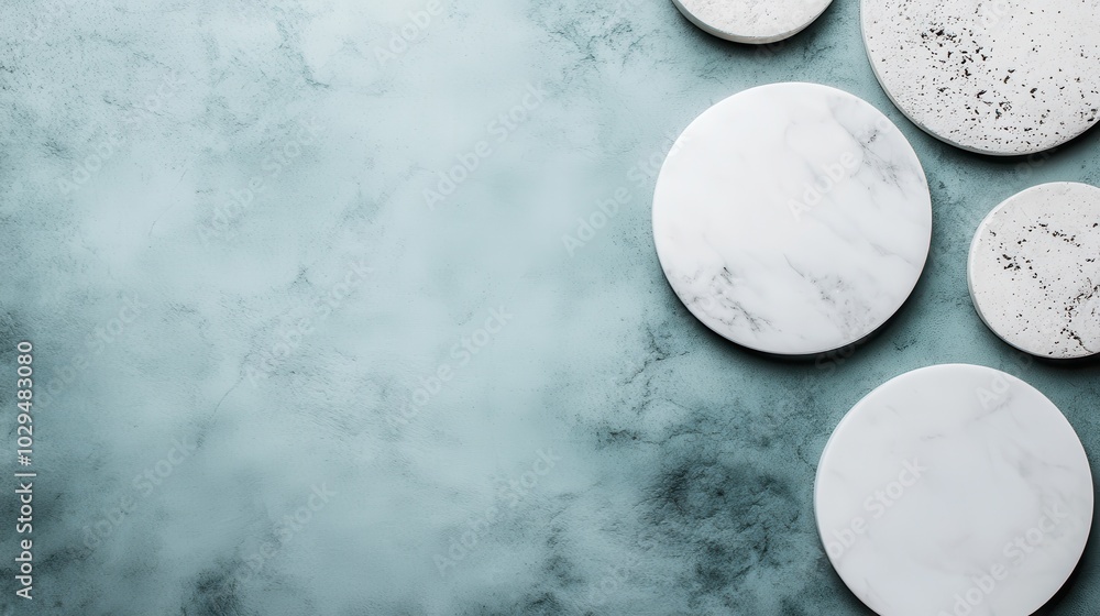 This image shows various circular objects featuring marble and speckled textures set against a smooth green background, blending natural and contemporary elements. This image shows various circular objects featuring marble and speckled textures set against a smooth green background, blending natural and contemporary elements.