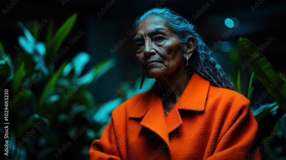 An elderly woman with long hair, wearing a vibrant orange coat, is posed amidst lush green plants, casting a contemplative expression in a moody, dimly lit setting. An elderly woman with long hair, wearing a vibrant orange coat, is posed amidst lush green plants, casting a contemplative expression in a moody, dimly lit setting.