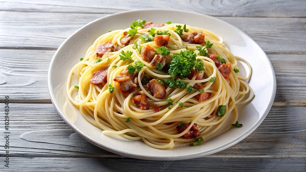 Plate of spaghetti with bacon and parsley on a white background Plate of spaghetti with bacon and parsley on a white background