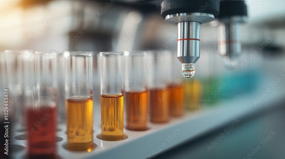 A scientific image presenting test tubes lined up with vibrant liquids, capturing a droplet in action, illustrating precision and scientific exploration. A scientific image presenting test tubes lined up with vibrant liquids, capturing a droplet in action, illustrating precision and scientific exploration.