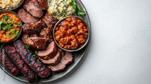 A delectable assortment of barbecued meats is arranged on a platter with a variety of flavorful side dishes, creating a rich and satisfying meal experience. photo