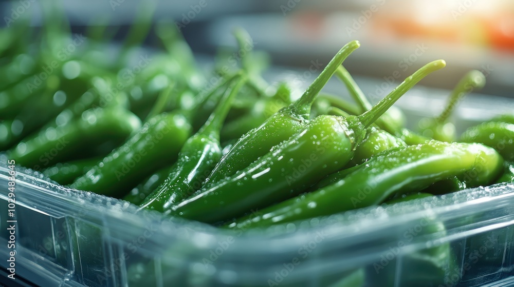 This close-up image captures green peppers with water droplets, emphasizing their freshness and texture, creating an appetizing visual appeal under bright light. This close-up image captures green peppers with water droplets, emphasizing their freshness and texture, creating an appetizing visual appeal under bright light.