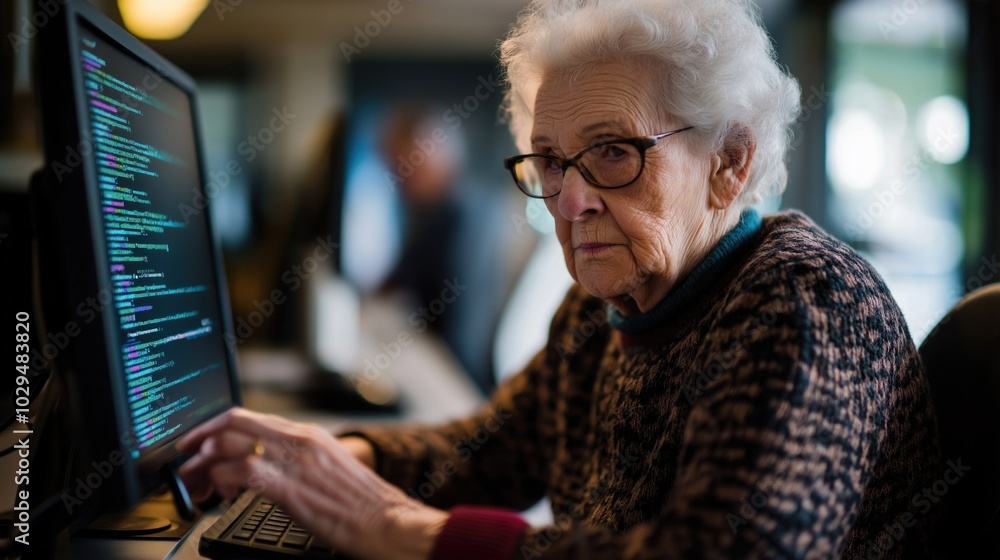 An elderly woman with gray hair focused on a computer screen, engaged in modern technology An elderly woman with gray hair focused on a computer screen, engaged in modern technology