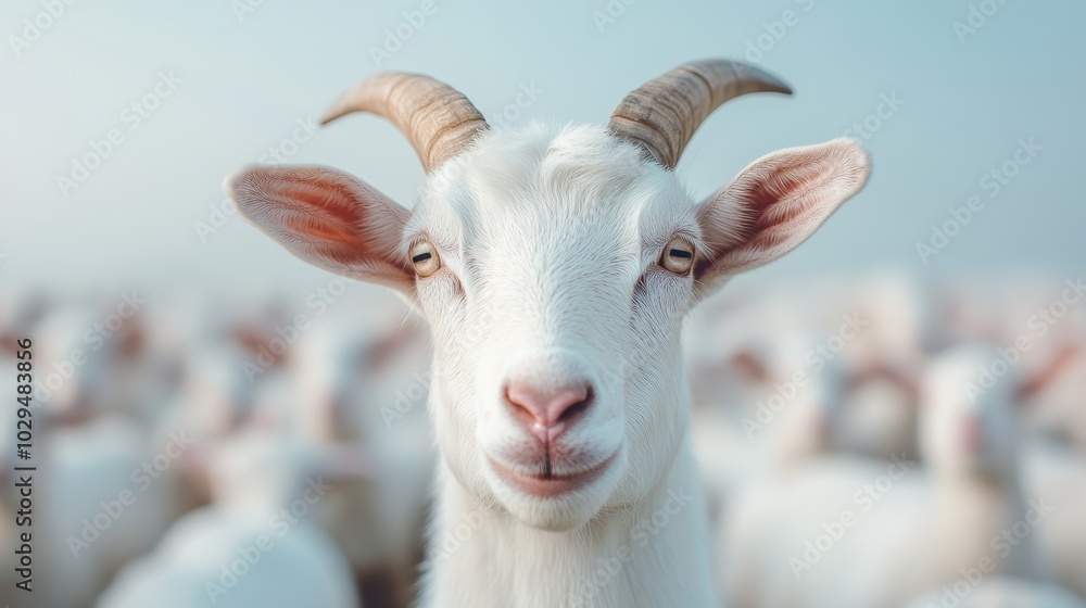 A bright image of a single white goat facing the camera, surrounded by a blurred crowd of goats, emphasizing individuality and serene presence amidst the group. A bright image of a single white goat facing the camera, surrounded by a blurred crowd of goats, emphasizing individuality and serene presence amidst the group.