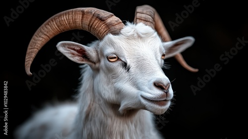 A charming image of a smiling goat with curved horns against a dark backdrop, capturing the animal's friendly demeanor and striking horn structure.