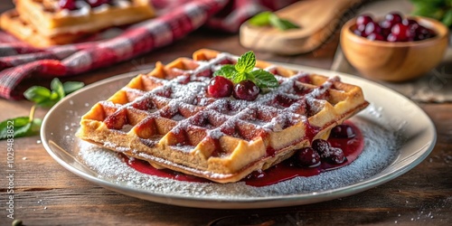 Plate of waffles topped with berry jam and powdered sugar, with shallow depth of field