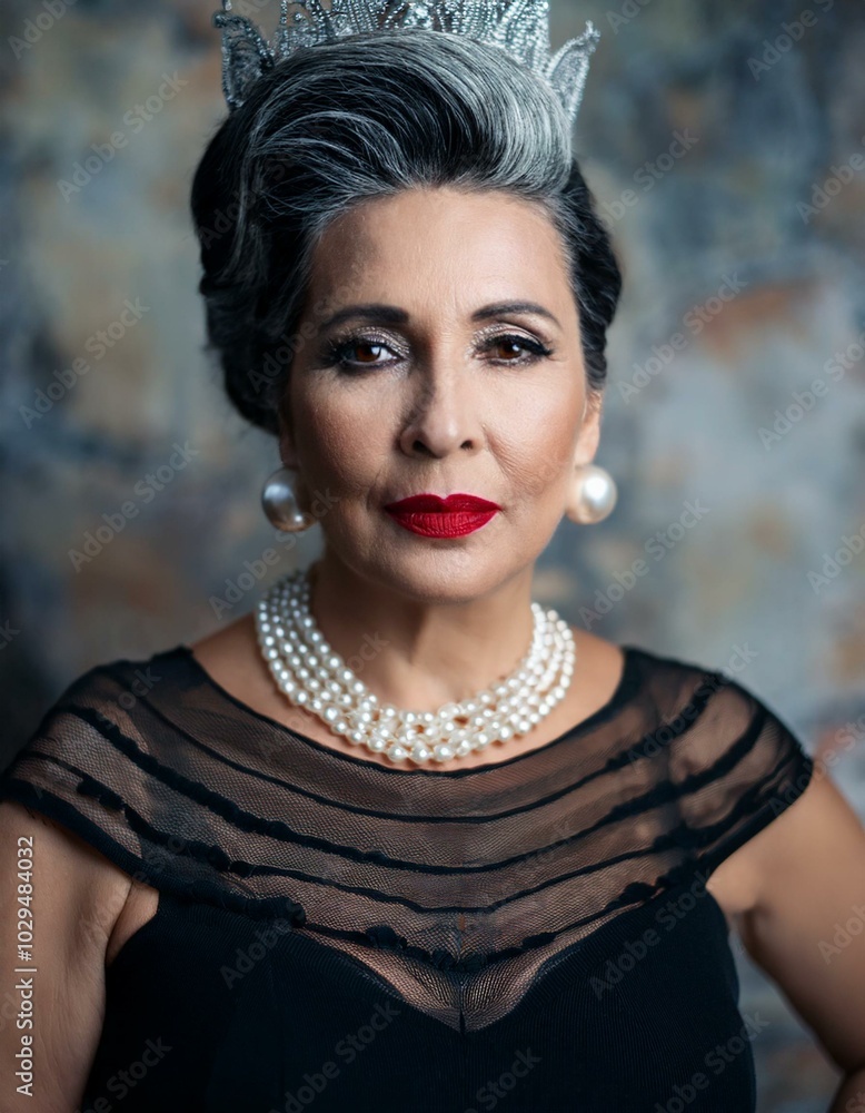 Very elegant mature woman, wearing a classic black dress, pearl necklace, makeup, red lips and an unconventional hairstyle with a somewhat extravagant headdress. Very elegant mature woman, wearing a classic black dress, pearl necklace, makeup, red lips and an unconventional hairstyle with a somewhat extravagant headdress.