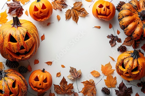 halloween flat lay composition with pumpkins treats  on white background top view halloween banner mockup party invitation card template.