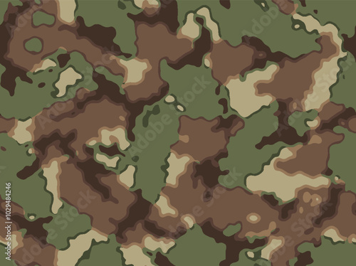 Woodland camouflage seamless pattern. The pattern includes various shades of green, brown and beige to help blend into natural surroundings. For military and hunting purposes.