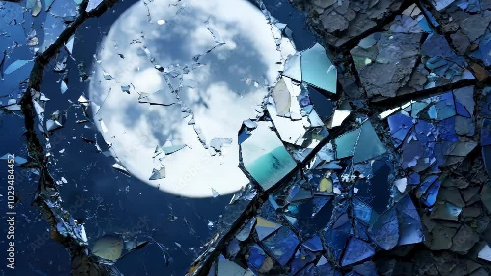Shattered mirror reflects a bright full moon and clouds in the night sky, creating a dangerous yet captivating scene with a grungy abstract background