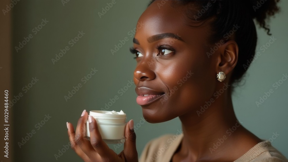 A well-groomed middle-aged African woman holds a jar of face cream around her eyes in her hands. Place for text. Advertising space A well-groomed middle-aged African woman holds a jar of face cream around her eyes in her hands. Place for text. Advertising space