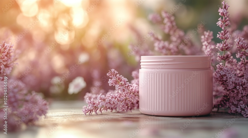 A pink cosmetic jar surrounded by lilac flowers, evoking a serene and natural atmosphere. A pink cosmetic jar surrounded by lilac flowers, evoking a serene and natural atmosphere.