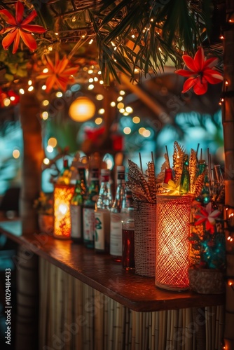 A beach bar decorated for New Year’s Eve with tiki torches, bamboo decorations, and garlands made of seashells and tropical flowers, creating a laid-back yet festive atmosphere for the holiday