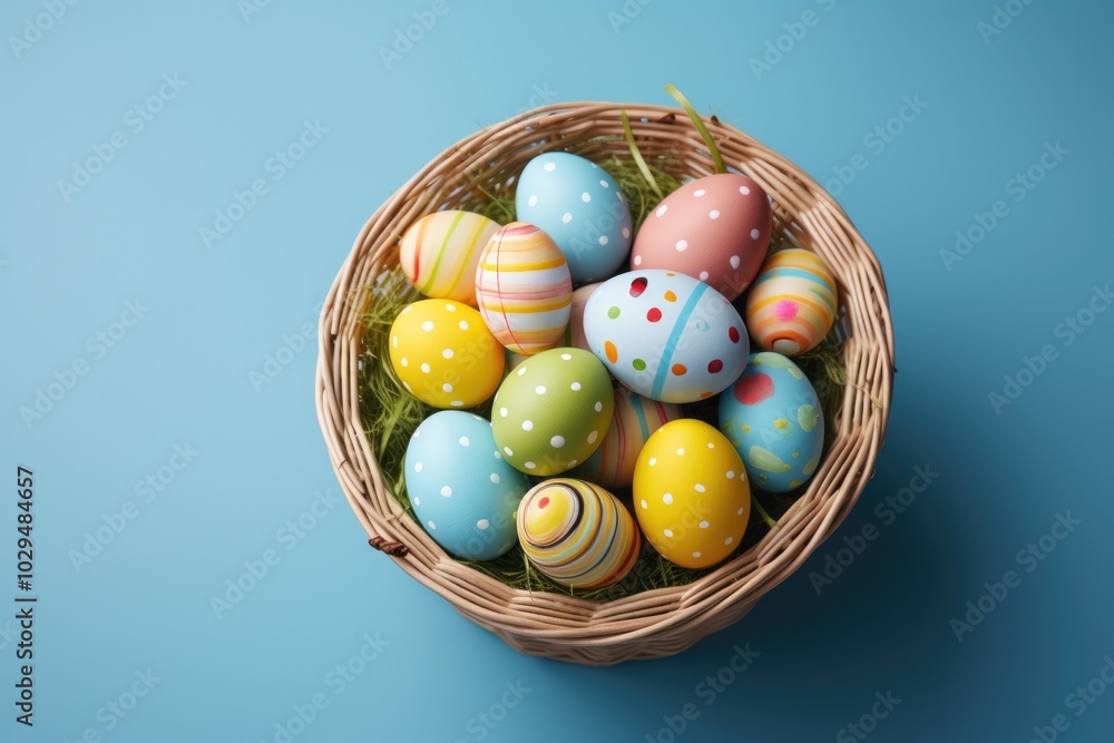 A basket filled with colorful Easter eggs on a blue background. A basket filled with colorful Easter eggs on a blue background.
