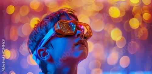A boy enjoys a vibrant light display while wearing colorful sunglasses indoors at a party