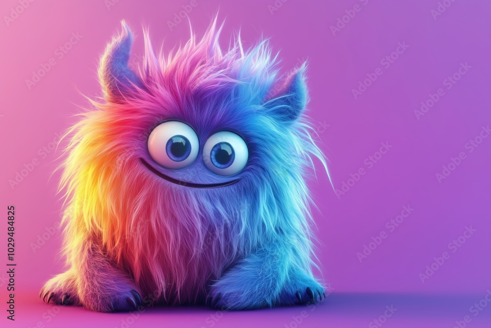 A fluffy cartoon monster with colorful fur in a mischievous pose, winking at the viewer. A fluffy cartoon monster with colorful fur in a mischievous pose, winking at the viewer.