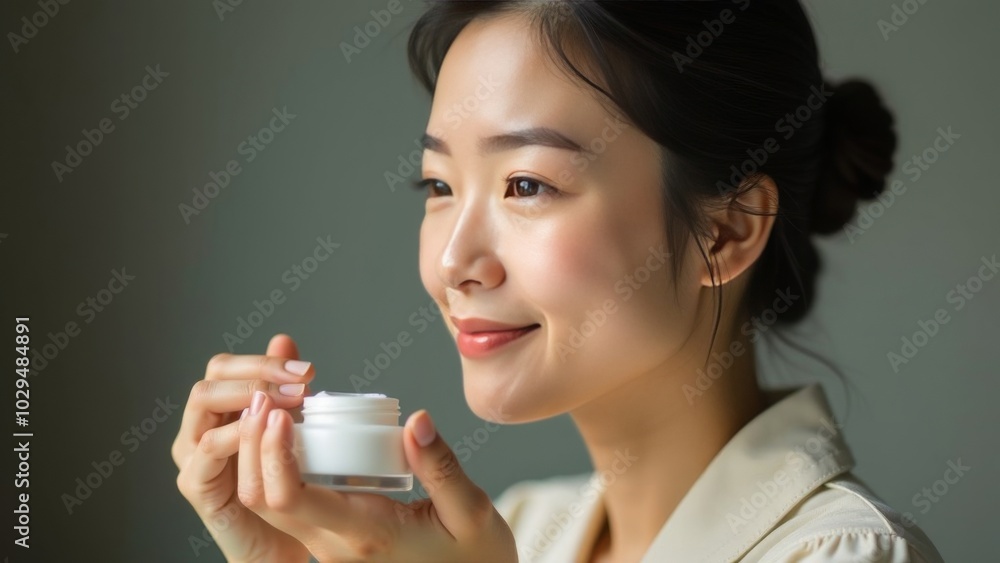 A well-groomed middle-aged Asian woman holds a jar of face cream around her eyes in her hands. Place for text. Advertising space A well-groomed middle-aged Asian woman holds a jar of face cream around her eyes in her hands. Place for text. Advertising space